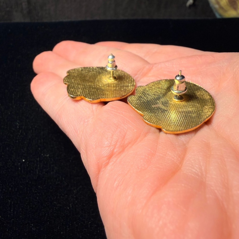Vintage Red Orange Cloisonne Enamel Bird Stud Earrings Gold Tone Pheonix - Picture 4 of 6